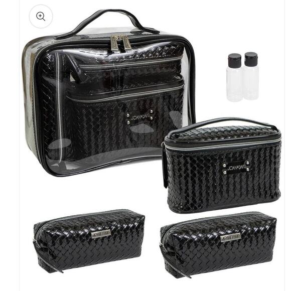 JOAN & DAVID Patent Woven 4 Piece Clear Cosmetic Bag Set BLACK - Picture 1 of 6